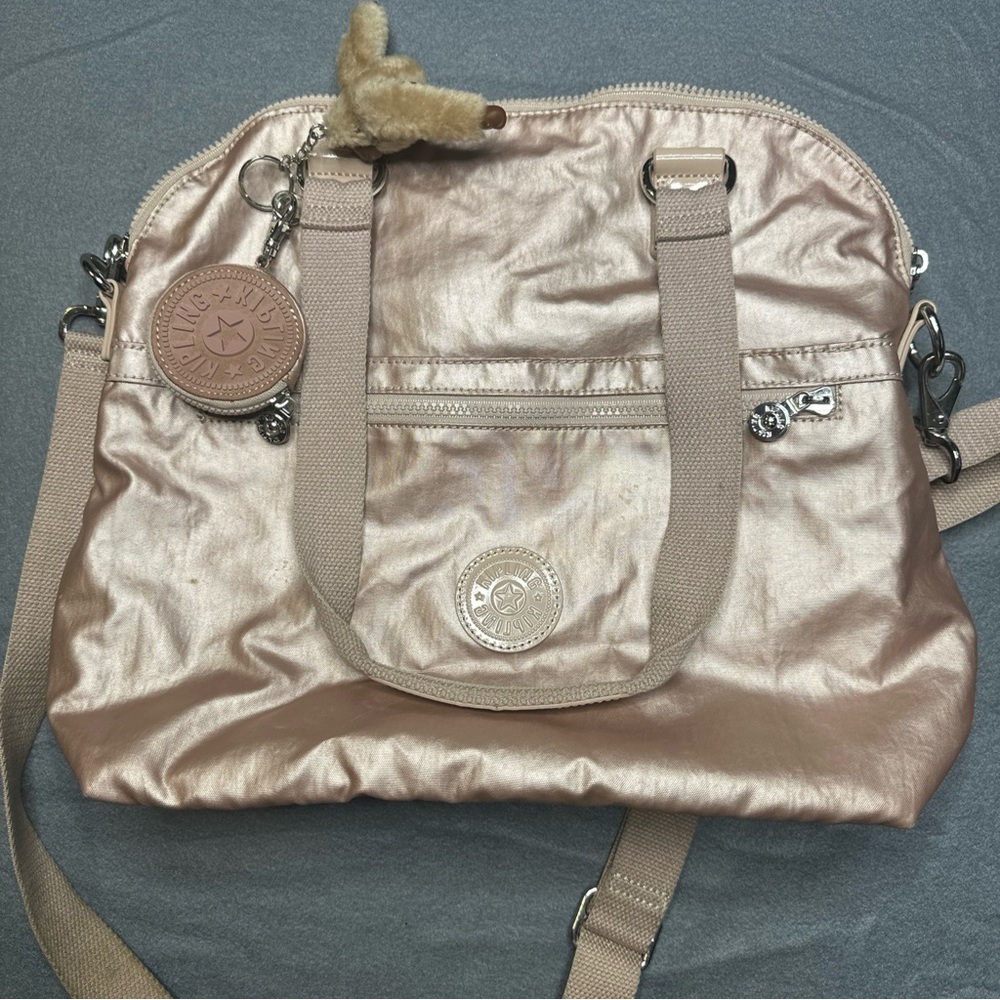 Kipling Rose Gold Large Shoulder Bag w/monkey & coin purse. Machine washable